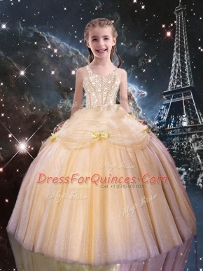 Floor Length Ball Gowns Sleeveless Peach Kids Formal Wear Lace Up