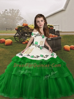 Fancy Green Ball Gowns Straps Sleeveless Tulle Floor Length Lace Up Embroidery and Ruffled Layers Pageant Dress for Girls
