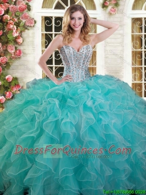 Exquisite Ruffled and Beaded Aqua Blue Quinceanera Dress in Organza