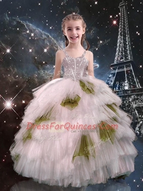 Superior Floor Length Lace Up Child Pageant Dress White for Quinceanera and Wedding Party with Beading and Ruffled Layers