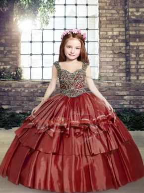 Red Ball Gowns Beading Kids Formal Wear Lace Up Taffeta Sleeveless Floor Length