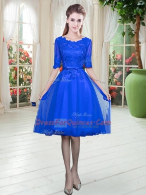 Knee Length Royal Blue Prom Gown Tulle Half Sleeves Lace