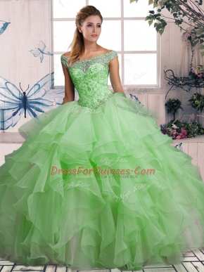 Captivating Green Off The Shoulder Lace Up Beading and Ruffles Sweet 16 Dresses Sleeveless