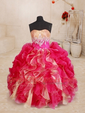 Red Lace Up Sweetheart Beading and Ruffles Flower Girl Dresses Organza Sleeveless