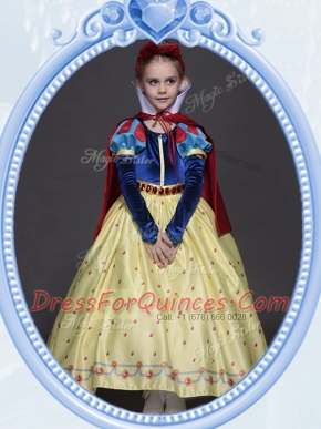 Scoop Yellow A-line Bowknot and Belt Flower Girl Dress Side Zipper Printed Short Sleeves Ankle Length