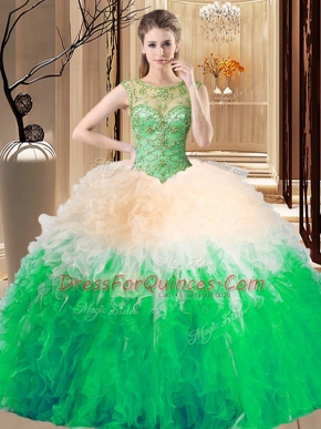 Tulle Scoop Sleeveless Lace Up Beading Quinceanera Gown in Multi-color