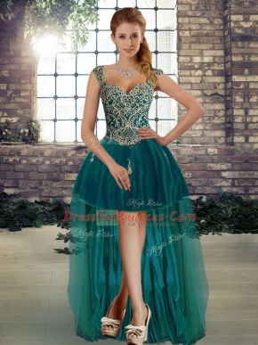 Dark Green Lace Up Prom Evening Gown Beading Sleeveless High Low