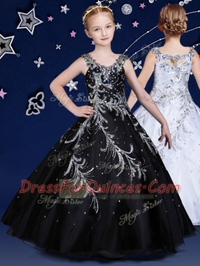 Black Organza Zipper Scoop Sleeveless Floor Length Girls Pageant Dresses Beading