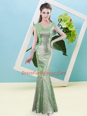 Adorable V-neck Cap Sleeves Zipper Evening Dress Green Sequined