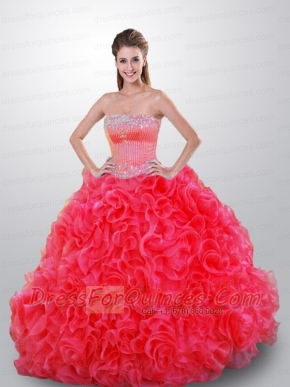 Beautiful Beading and Ruffles Coral Red Quince Dresses For 2014