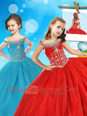 Modest Off the Shoulder Cap Sleeves Adorable Little Girl Pageant Dress with Beading