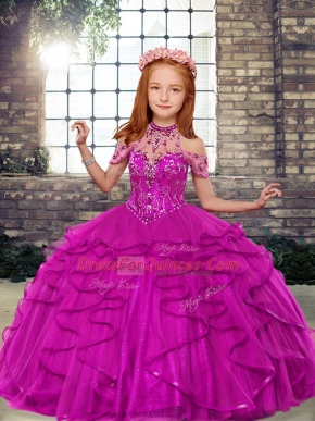 High-neck Sleeveless Tulle Child Pageant Dress Beading and Ruffles Lace Up