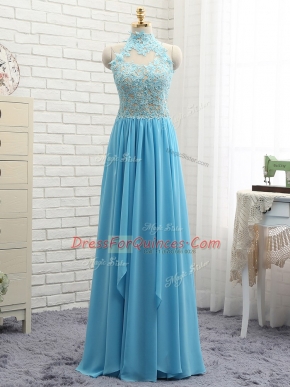 Affordable Baby Blue Halter Top Neckline Lace Prom Gown Sleeveless Backless
