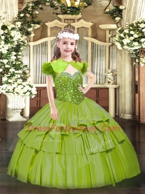 Olive Green Sleeveless Floor Length Beading and Ruffled Layers Lace Up Kids Formal Wear