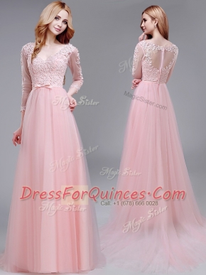 Lace and Bowknot Baby Pink Zipper 3 4 Length Sleeve With Brush Train