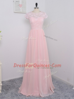 Glamorous Cap Sleeves Chiffon Floor Length Zipper Quinceanera Dama Dress in Baby Pink with Lace