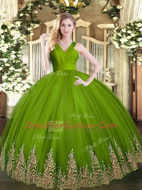 Tulle V-neck Sleeveless Zipper Appliques Quince Ball Gowns in Olive Green