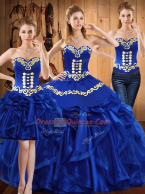 Custom Design Organza Sweetheart Sleeveless Lace Up Embroidery and Ruffles 15th Birthday Dress in Royal Blue