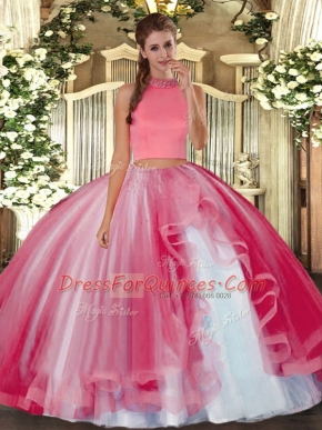 Exquisite Sleeveless Floor Length Beading and Ruffles Backless Quinceanera Dresses with Coral Red