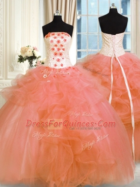 Elegant Orange Strapless Lace Up Pick Ups and Hand Made Flower Quinceanera Dresses Sleeveless
