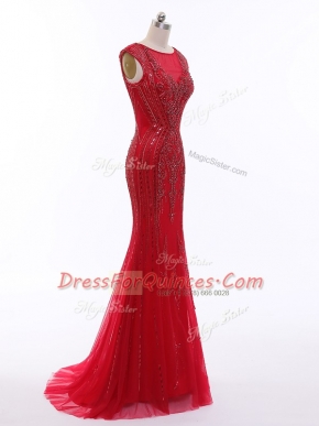 Romantic Red Scoop Zipper Beading Evening Dress Brush Train Sleeveless
