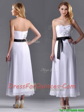 Popular Tea Length White Prom Dress with Appliques and Belt