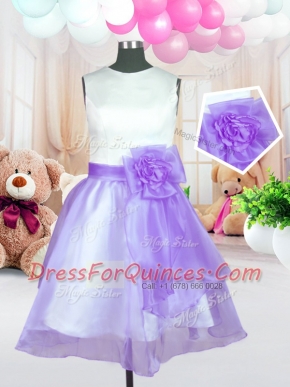 Shining Scoop Knee Length Lilac Flower Girl Dress Organza Sleeveless Hand Made Flower
