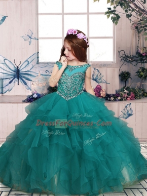 Floor Length Turquoise Pageant Dress for Girls Organza Sleeveless Beading and Ruffles