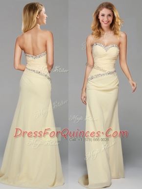 Latest Light Yellow Homecoming Dress Prom and For with Beading Sweetheart Sleeveless Brush Train Side Zipper