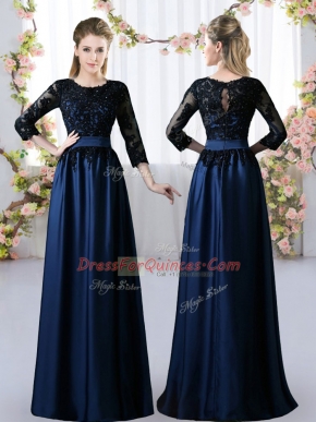 Stylish Navy Blue 3 4 Length Sleeve Satin Zipper Quinceanera Court Dresses for Prom and Party and Wedding Party