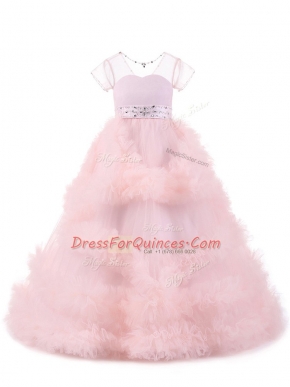 Tulle Short Sleeves Floor Length Little Girls Pageant Dress Wholesale and Beading and Ruffles