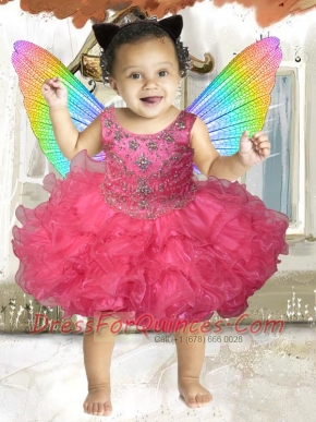 Pretty Scoop Mini-length Beading and Bowknot Hot Pink Little Girl Dresses