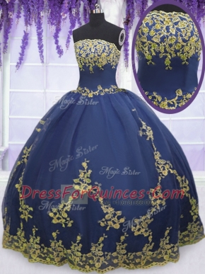 Pretty Navy Blue Strapless Neckline Appliques Quinceanera Gown Sleeveless Zipper