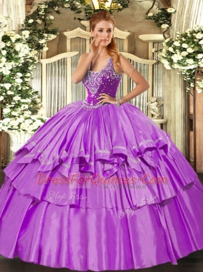 Dynamic Straps Sleeveless 15th Birthday Dress Floor Length Beading and Ruffled Layers Lilac Organza and Taffeta