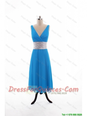 Cheap 2016 Spring Empire V Neck Tea Length Prom Dresses with Belt