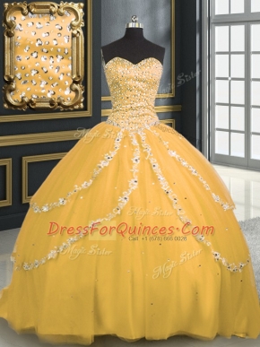 Gold Sweetheart Lace Up Beading and Appliques 15th Birthday Dress Brush Train Sleeveless