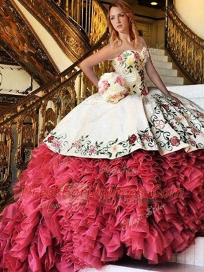 Unique White and Red Sleeveless With Train Embroidery and Ruffles Lace Up Sweet 16 Quinceanera Dress