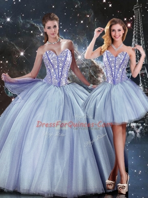 Amazing Blue Sleeveless Beading Floor Length Sweet 16 Quinceanera Dress