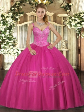 Pretty Sleeveless Floor Length Beading Lace Up Quinceanera Dress with Fuchsia