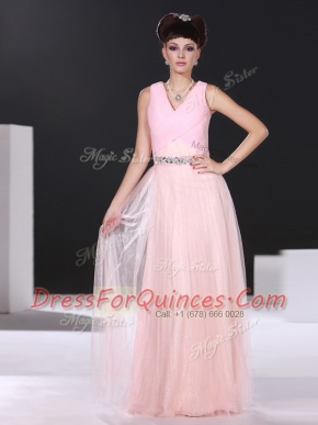 Dazzling Floor Length Side Zipper Homecoming Dress Pink for Prom and Party with Beading and Ruching