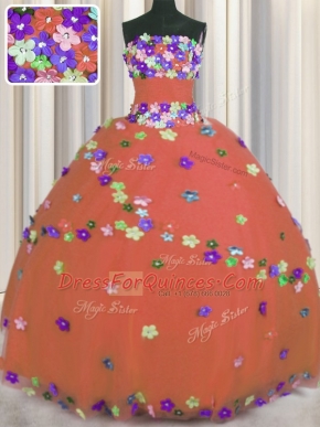 Sumptuous Strapless Sleeveless Tulle Quince Ball Gowns Hand Made Flower Lace Up