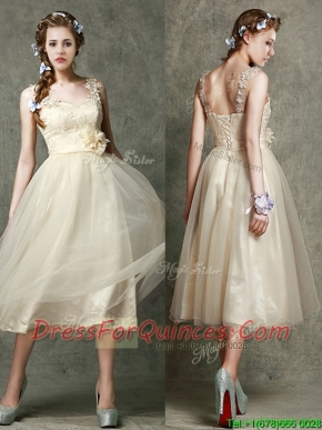 Gorgeous Straps Champagne Prom Dresses with Appliques and Hand Made Flowers