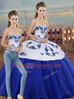 Royal Blue Sweet 16 Dress Military Ball and Sweet 16 and Quinceanera with Embroidery and Bowknot Sweetheart Sleeveless Lace Up