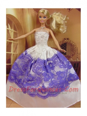 New Fashion Ball Gown White and Purple Dress Gown For Barbie Doll