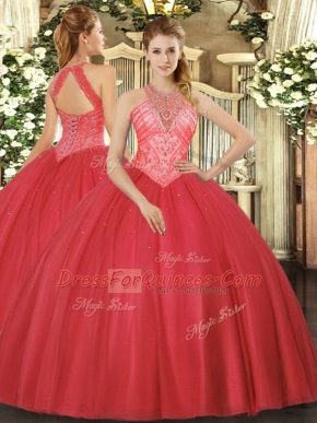 Admirable Red Sleeveless Beading Floor Length Quinceanera Dresses