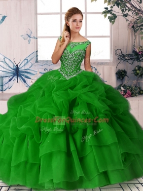 Fantastic Scoop Sleeveless Organza Quinceanera Dresses Beading and Pick Ups Brush Train Zipper