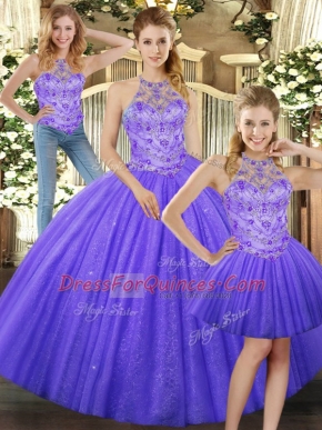 High Quality Lavender Tulle Lace Up Sweet 16 Dress Sleeveless Floor Length Beading
