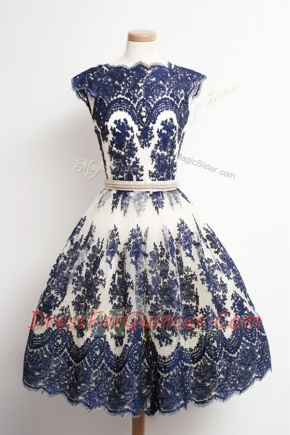 Hot Sale Scalloped Cap Sleeves Tulle Knee Length Zipper in Navy Blue with Appliques