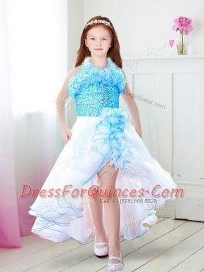 Decent Halter Top Ruffles Toddler Flower Girl Dress White and Aqua Blue Zipper Sleeveless High Low