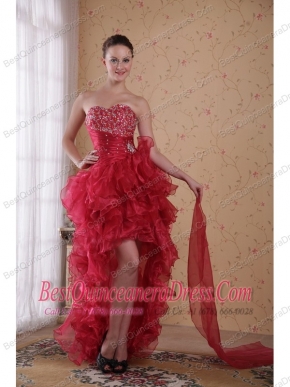 Red Column Sweetheart High-low Organza Beading Prom / Cocktail Dress